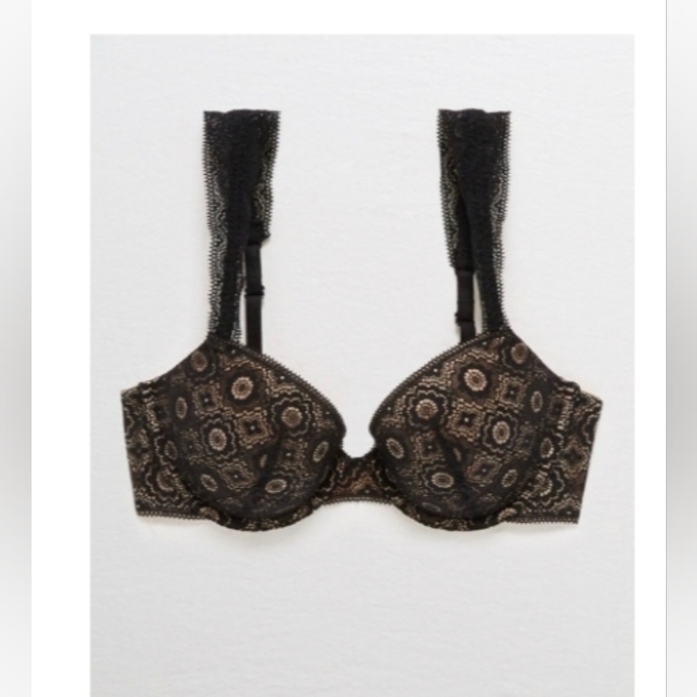 [AERIE] Real Happy DemiLightly Lined Lace Bra《36B》Black & Beige